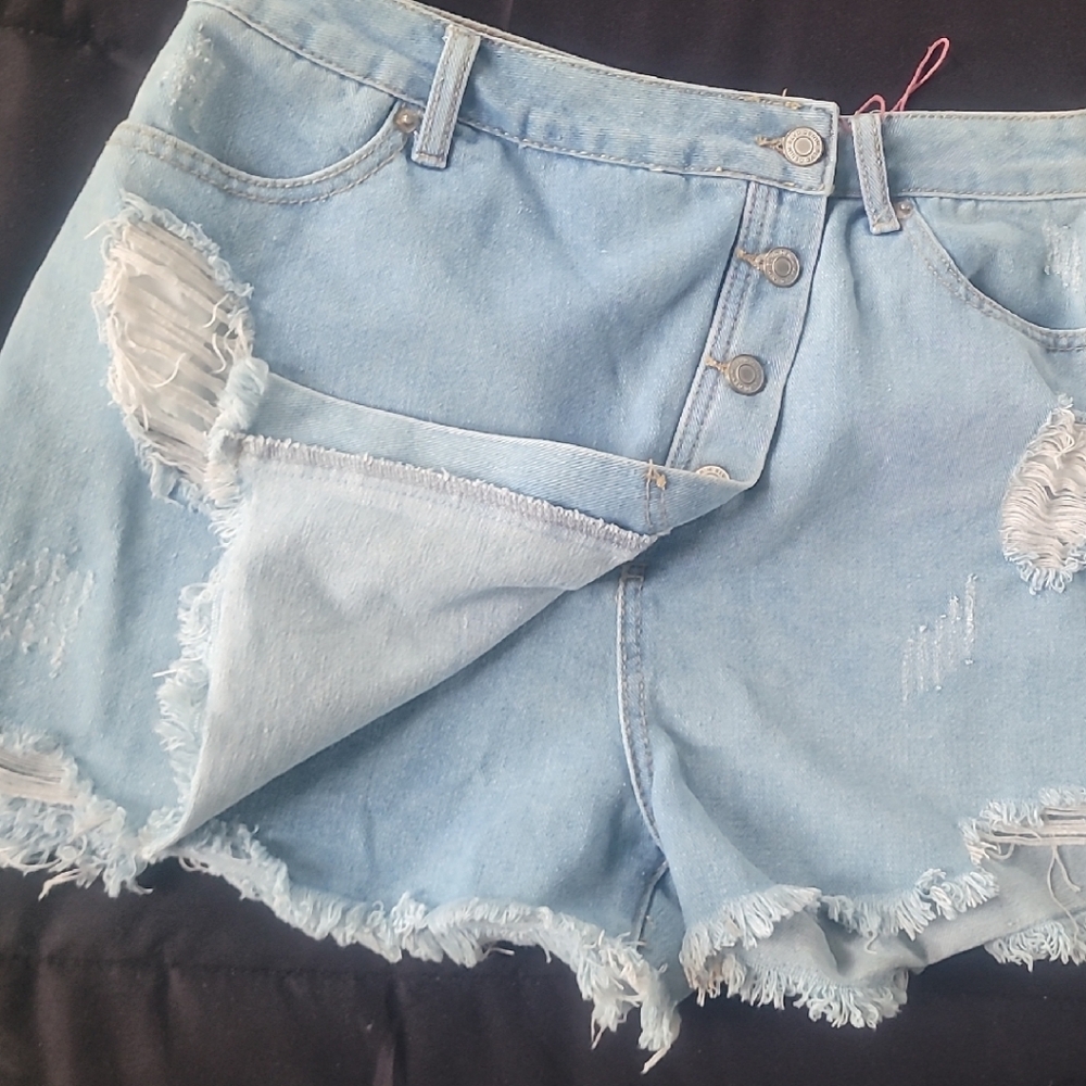 Light Blue Distressed Denim Shorts - Picture 2 of 16